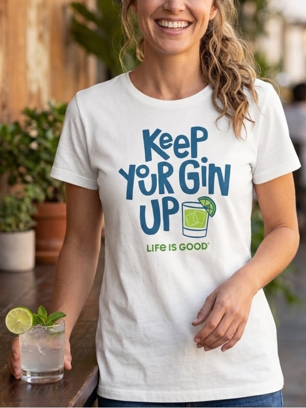 Life Is Good Graphic Tee White Blue Green Short-Sleeve 'Keep Your Gin Up' XL NWT